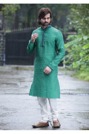 Green Color Self Jacquard And Art Silk Fabric Kurta Set